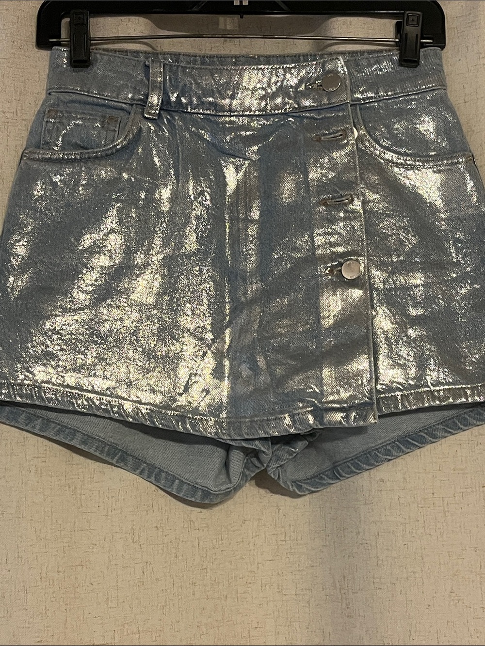 Zara Metallic Silver Denim Short Skort size 24